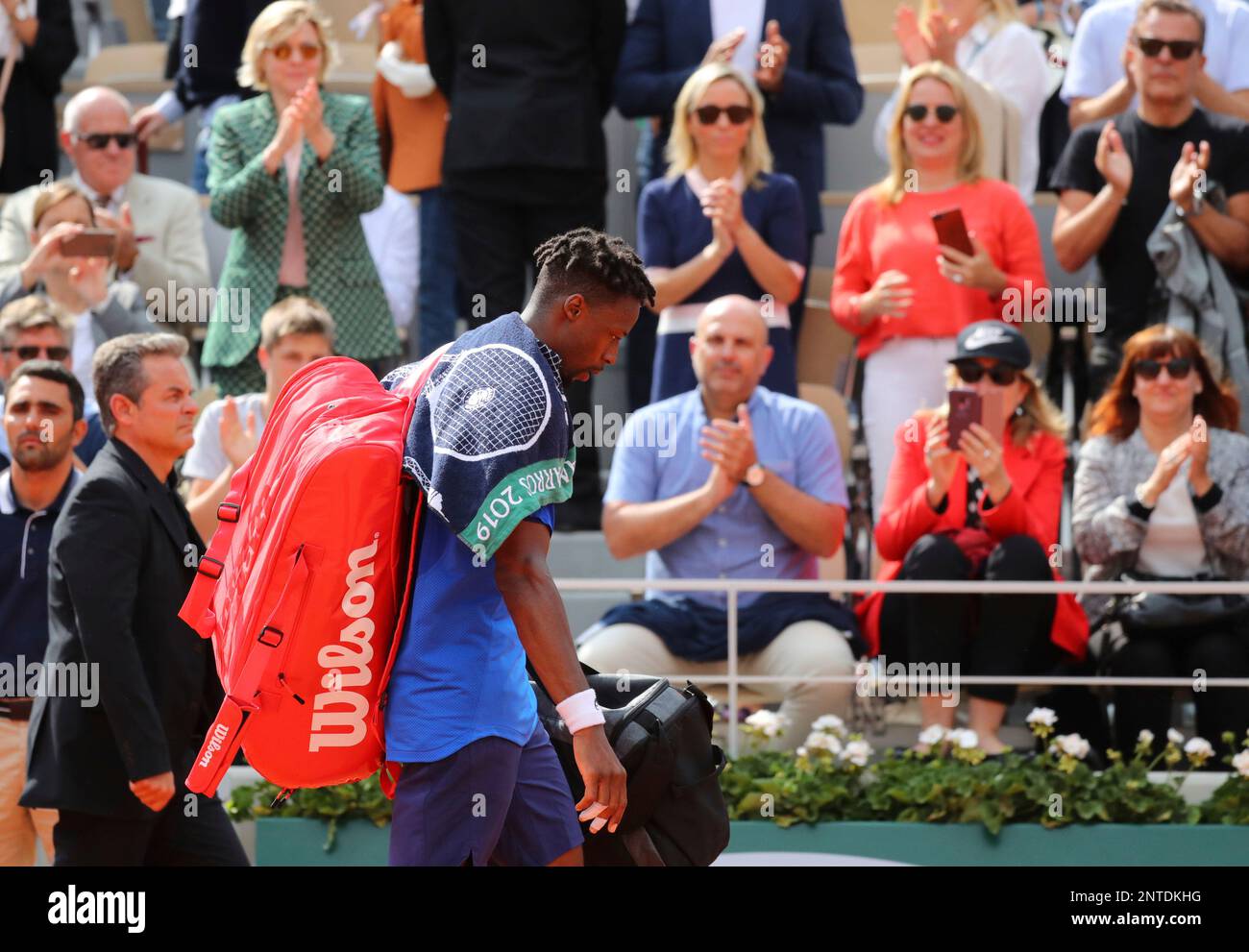 Gael MONFILS of France is vexed at losing the men's singles fourth round of  the French Open tennis tournament against Dominic THIEM of Austria at  Roland Garros in Paris, France on June