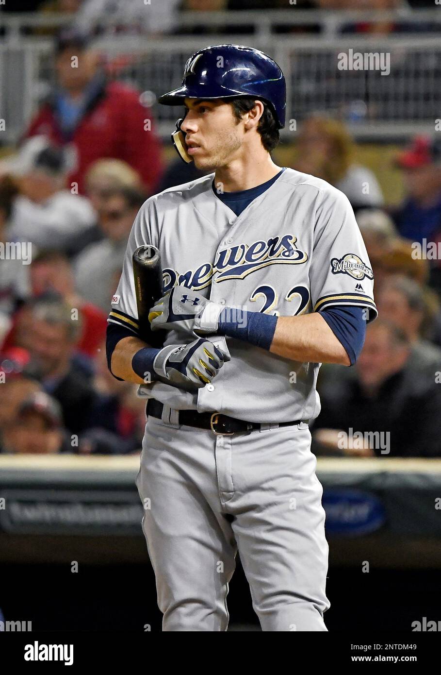 MINNEAPOLIS, MN - MAY 28: Milwaukee Brewers Outfield Christian Yelich (22)  adjusts his batting glove during a game between the Milwaukee Brewers and  Minnesota Twins on May 28, 2019 at Target Field