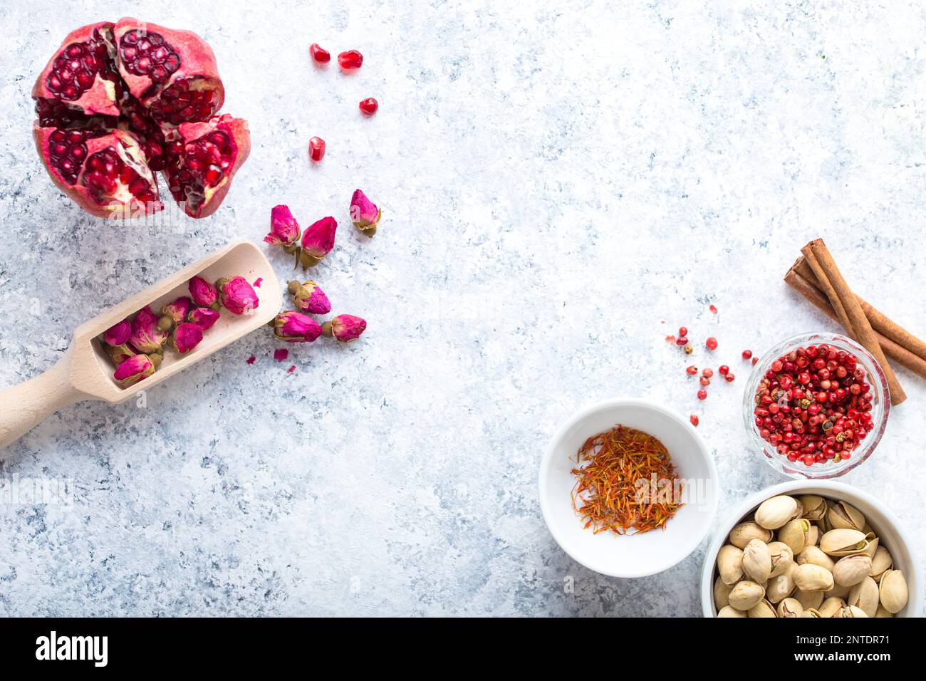 Arab ingredients, middle eastern food. Space for text. Arabic cuisine ingredients, white