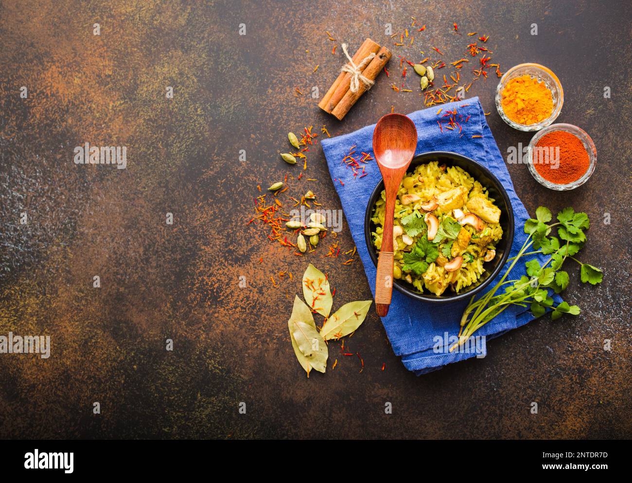 Biryani rice, traditional Indian dish. Biryani spicy rice, chicken