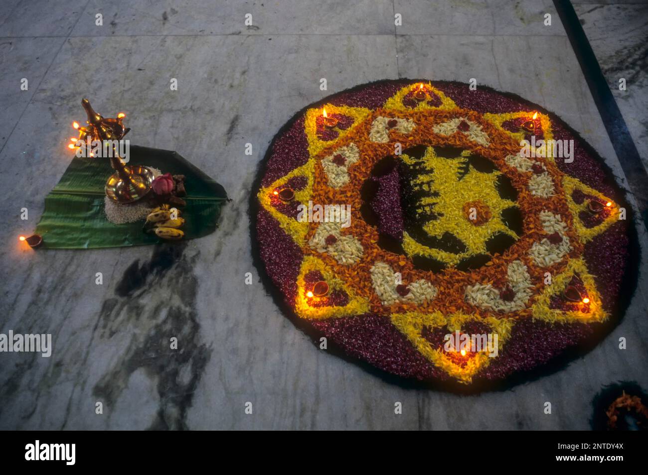 Floral decoration during Onam festival, Kerala, South India, India, Asia Stock Photo