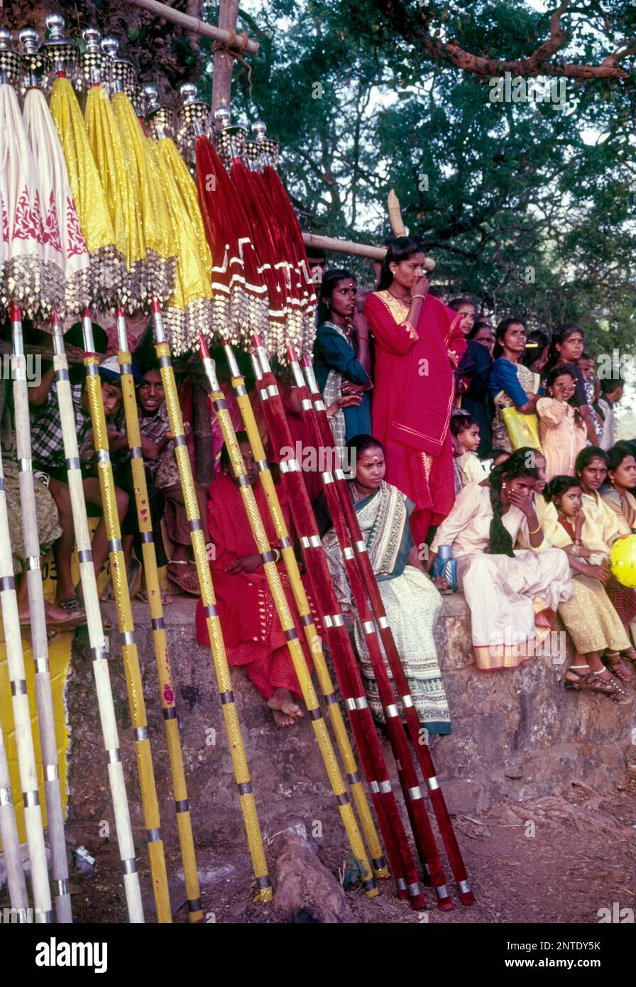 Spectators and colourful umbrellas in Pooram festival in Thrissur