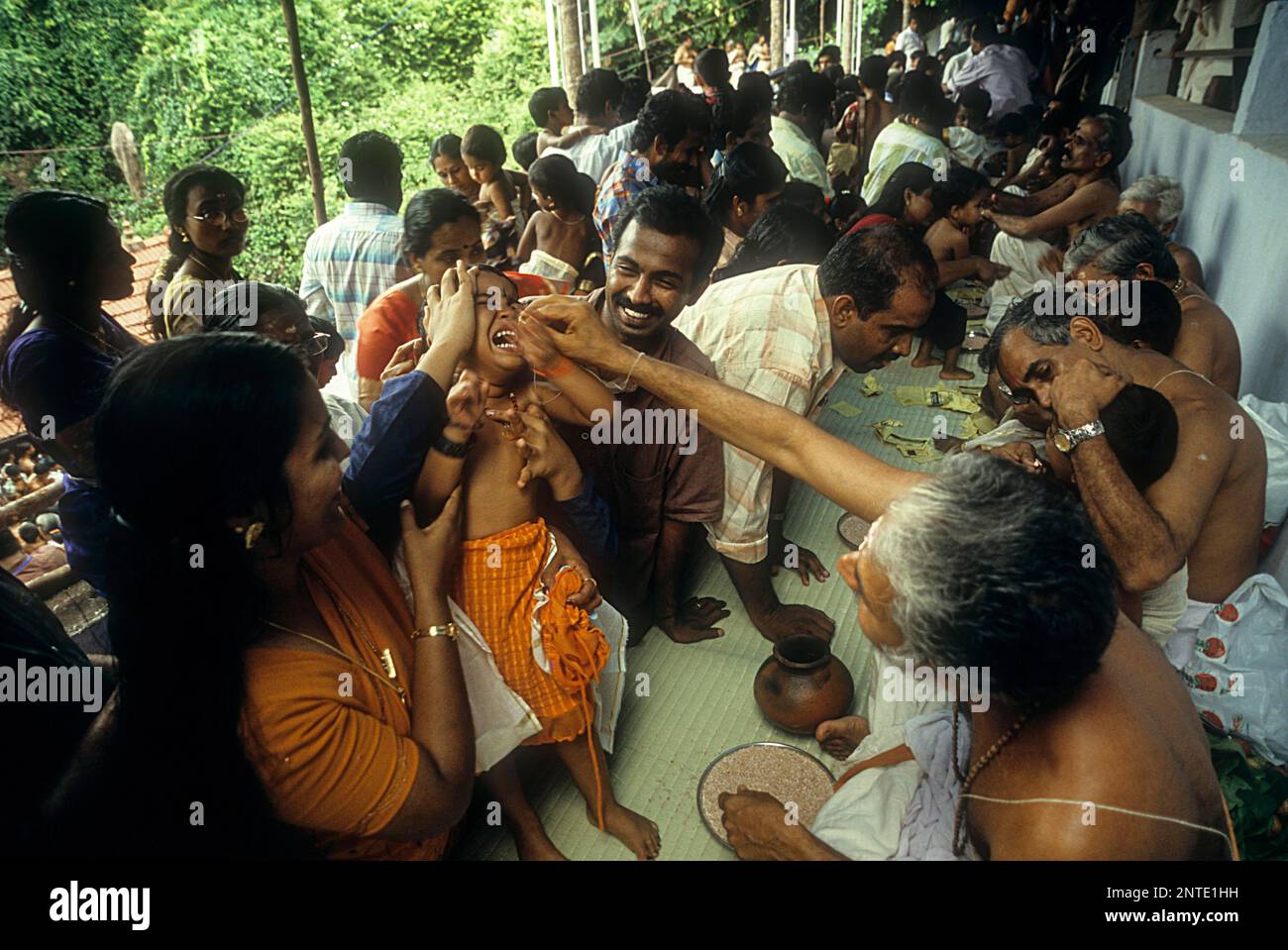 Ezhuthiniruthu Ceremony on Vijayadasami day in Saraswathi Temple at Panachikadu near Kottayam, Kerala, South India, India, Asia Stock Photo