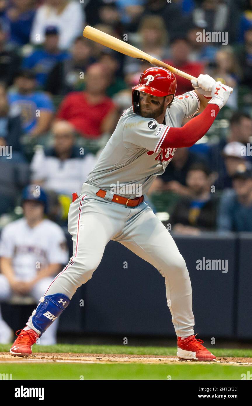 PHILADELPHIA, PA - APRIL 24: Philadelphia Phillies right fielder Bryce  Harper (3) at bat during the Major League Baseball game between the  Philadelphia Phillies and the Milwaukee Brewers on April 24, 2022