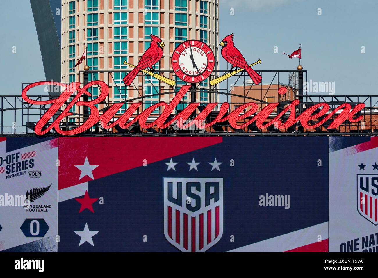 ST. LOUIS, MO - MAY 16: A detailed view of the St. Louis Cardinals clock  and the Budweiser sign is seen on top of the jumbotron in game action  during an international