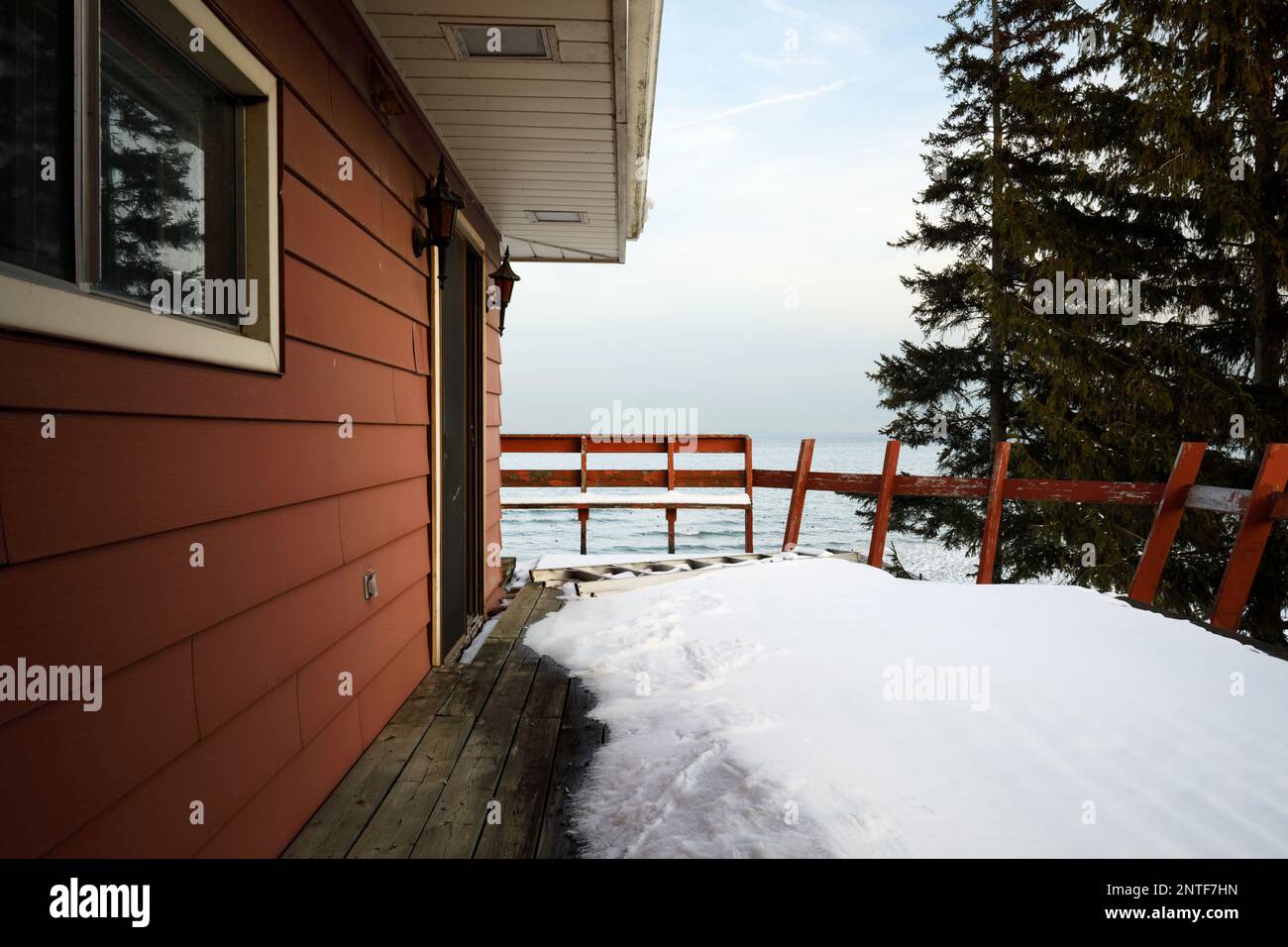 View from a deck of a mid century modern home overlooking a lake. This house has since been demolished Stock Photo