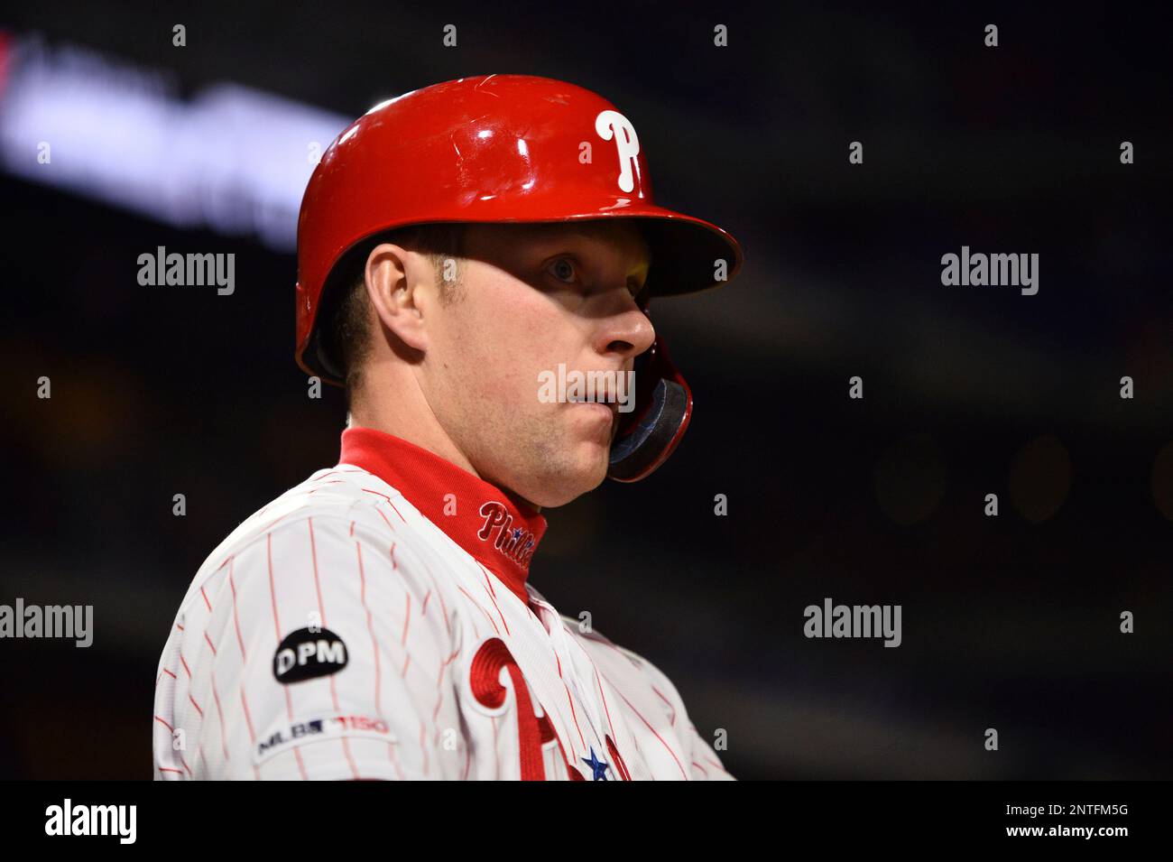 PHILADELPHIA, PA - MAY 15: Philadelphia Phillies First Base Rhys Hoskins  (17) stands in the on-deck circle in the sixth inning during the game  between the Milwaukee Brewers and Philadelphia Phillies on