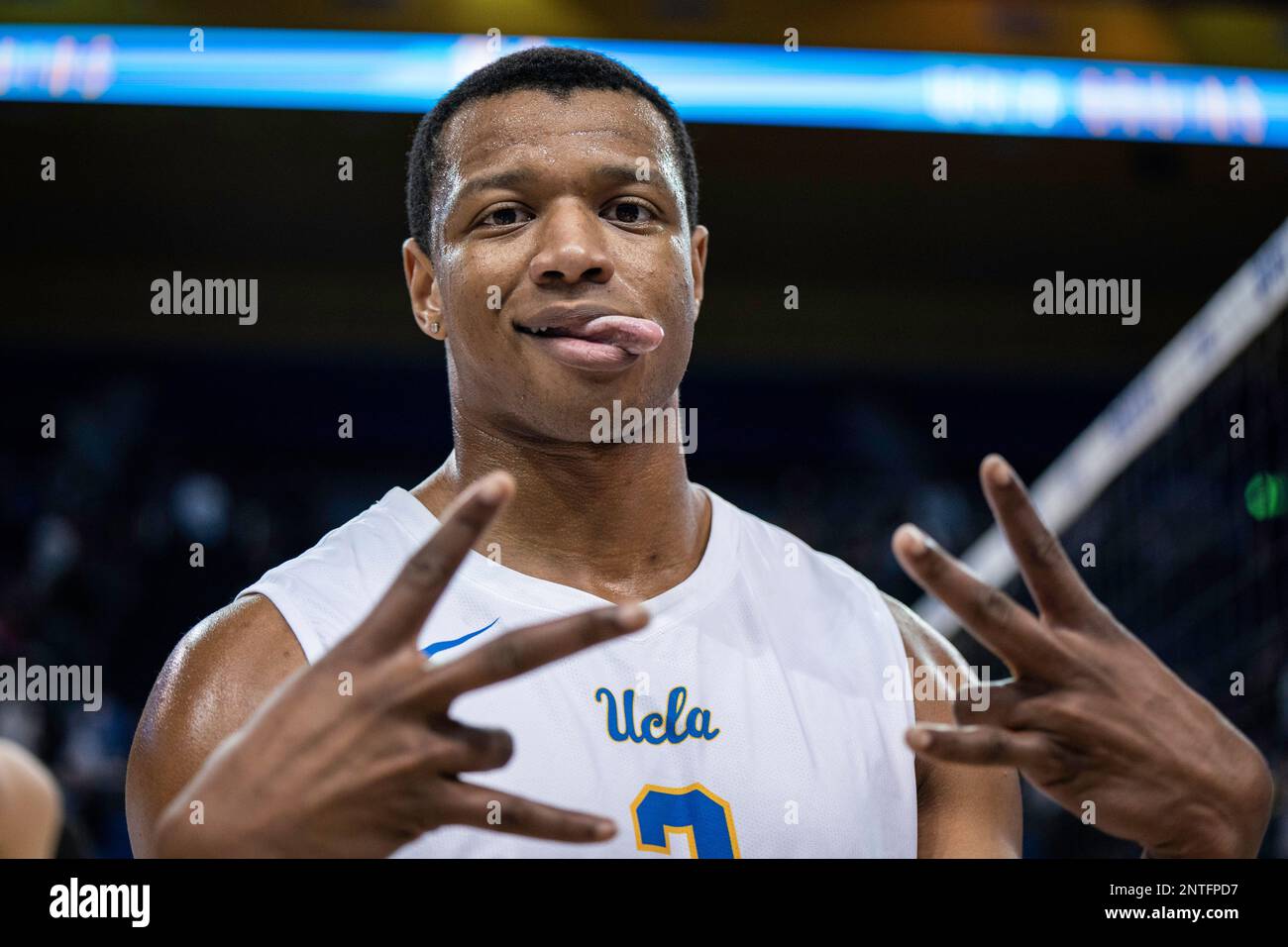 UCLA Bruins middle blocker J.R. Norris IV (2) during a NCAA volleyball match against UCI Anteaters, Saturday, February 26, 2023, at Pauley Pavilion, i Stock Photo