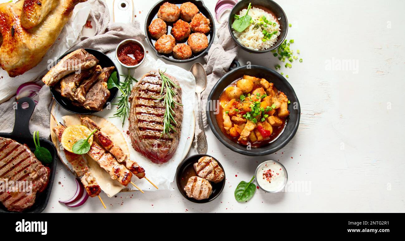 Meat main dishes. Plates of various meat. Non vegetarian food banner