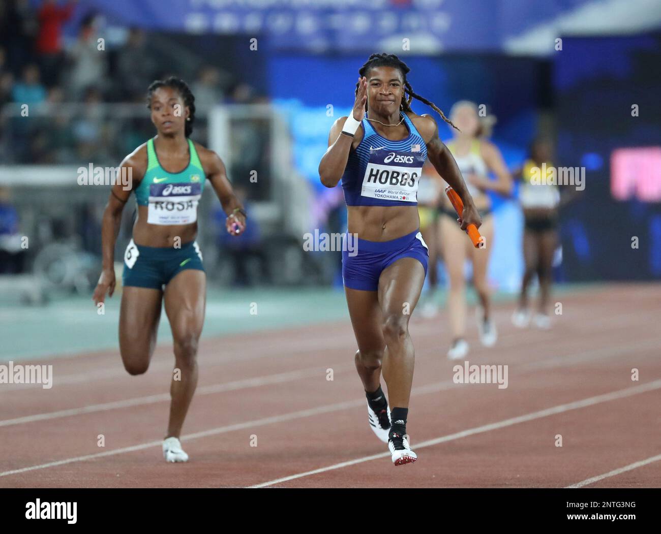 U S Aleia Hobbs Blue Shirt Reacts As Winning The 4x100 Metres Relay