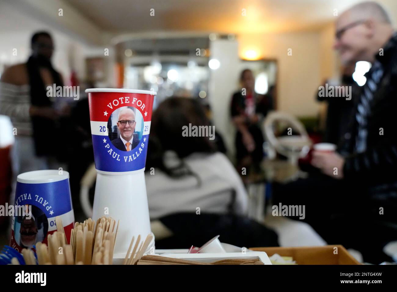Paul Vallas for mayor cups sit on display at a campaign stop of the