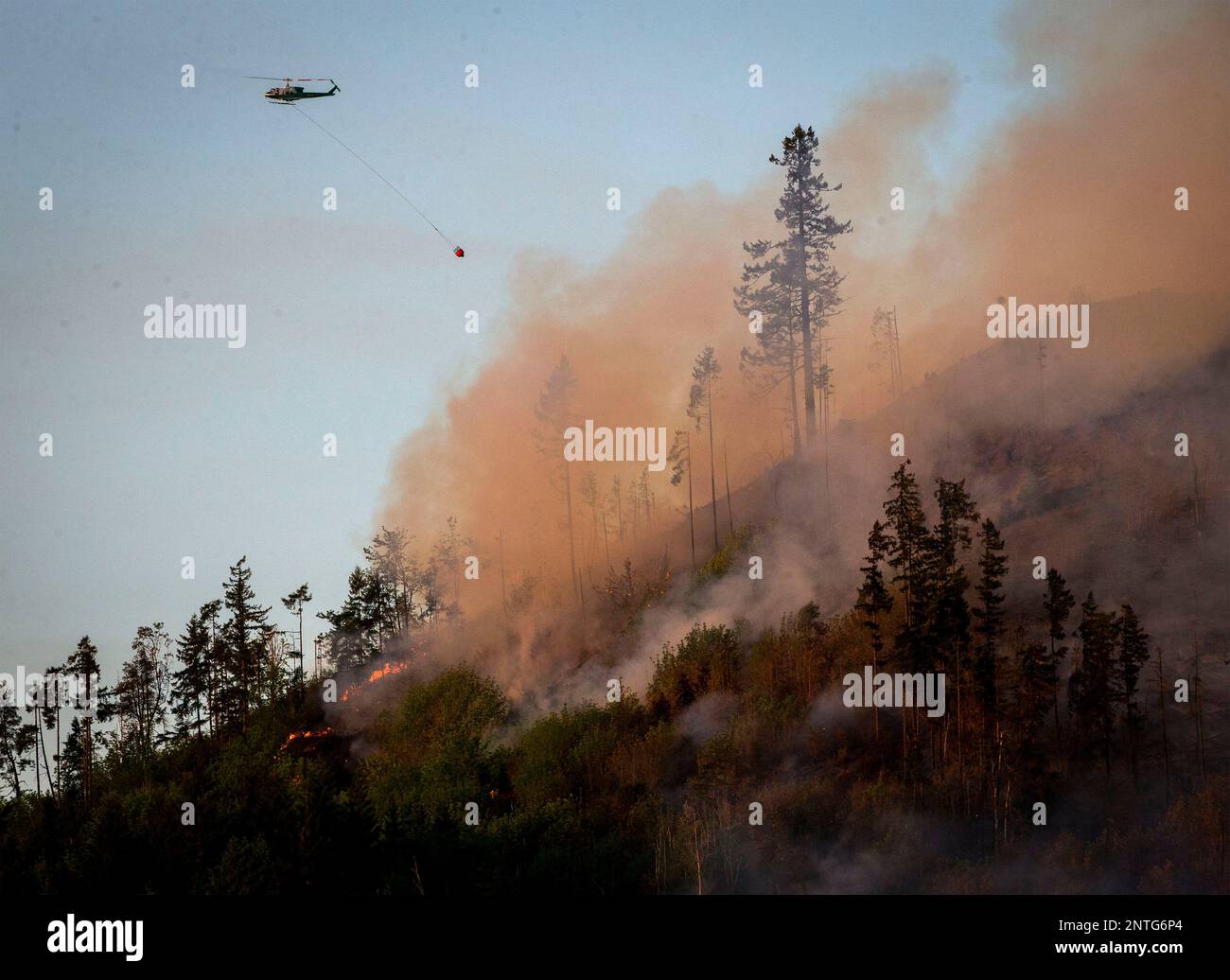 A helicopter heads back to a water source to get more water to dump on a wildfire near the
