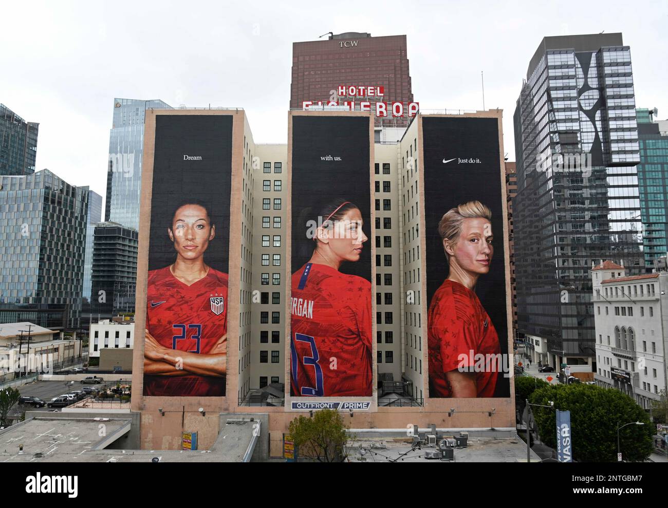 General overall view of Nike advertisement billboard featuring United States  women's national team soccer forwards Christen Press (left), Alex Morgan  (center) and Morgan Rapinoe with the words "Dream With Us. Just Do