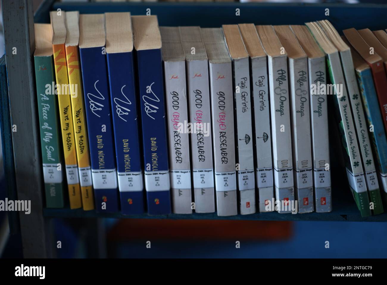 Close-up View Of Books In The Library Tightly Arranged On Iron Shelves Stock Photo