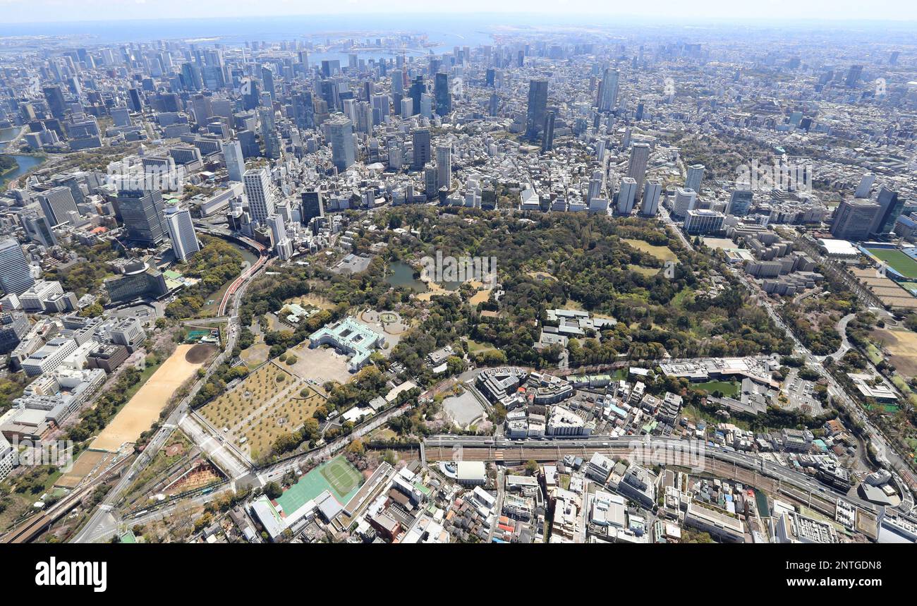 An aerial photo shows the Akasaka Estate in Tokyo on April 9, 2019. The