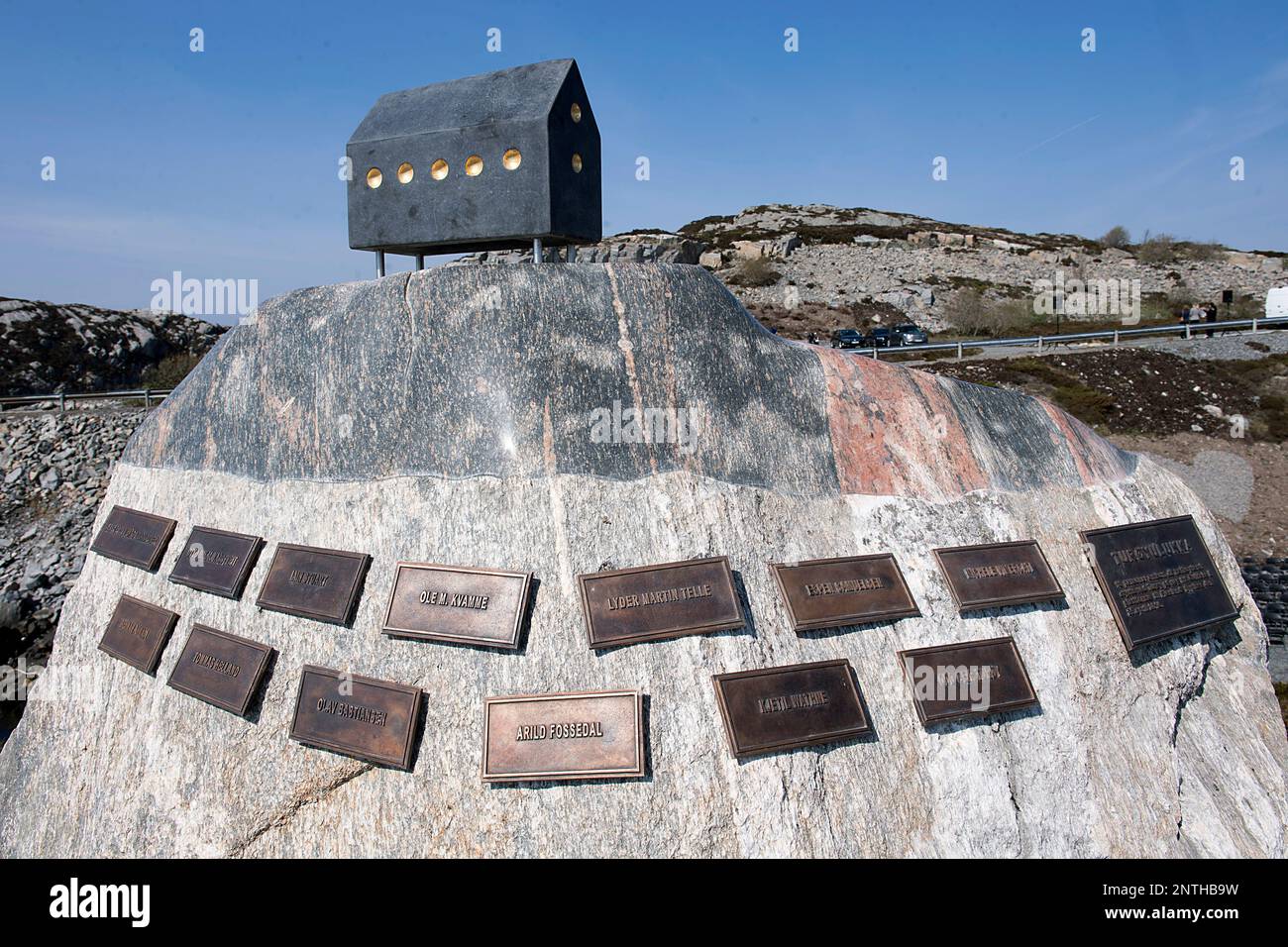 A view of the monument named Minnehuset (Memorial House) which was unveiled  in Turoy near Bergen, western Norway, Monday, April, 29, 2019. The monument  created by Arne Maeland, is in memory of