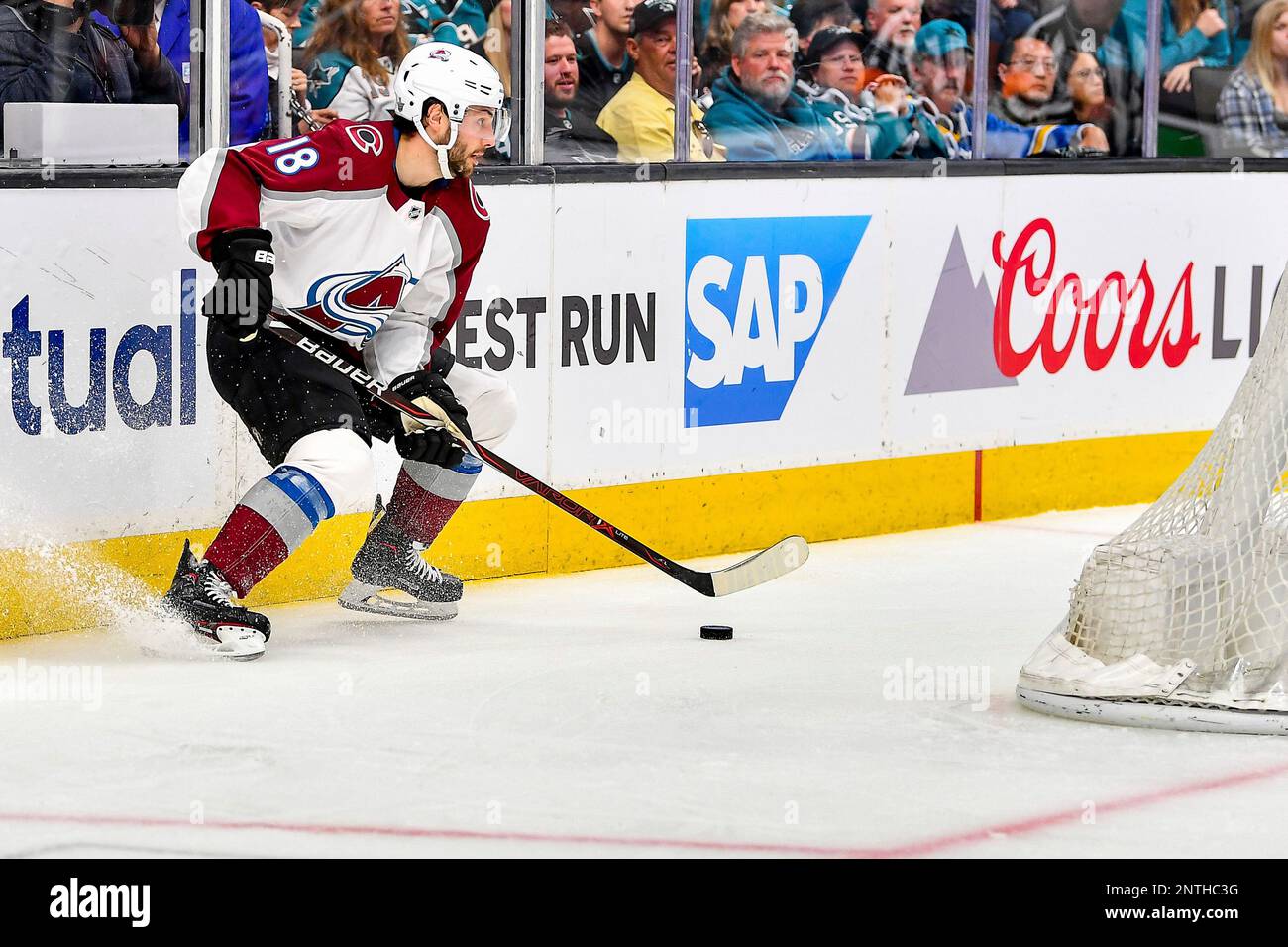 April 28, 2019: Colorado Avalanche forward Alexander Kerfoot (13) in action  during game one of the second-round of the NHL playoffs between the  Colorado Avalanche and the San Jose Sharks at SAP