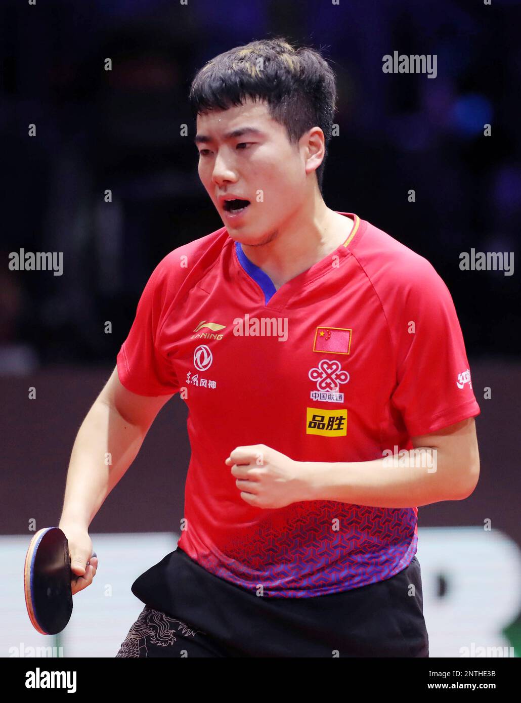 Chinas Ma Long celebrates after scoring during mens singles semifinal match of Liebherr 2019 ITTF World Table Tennis Championships against Chinas Liang Jingkun in Budapest, Hungary on April 27, 2019