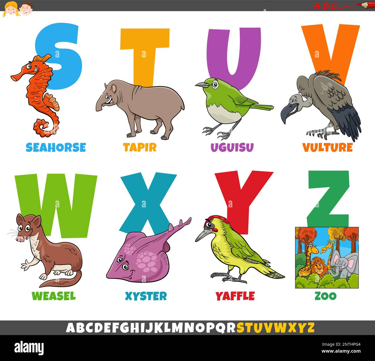 Cartoon illustration of educational colorful alphabet set from letter S to Z with funny animal characters Stock Vector
