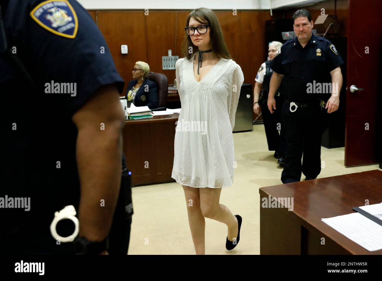 Anna Sorokin returns to court during her trial at New York State Supreme Court, in New York, Wednesday, April 24, 2019. Sorokin, who claimed to be a German heiress, is on trial on grand larceny and theft of services charges. (AP Photo/Richard Drew) Stock Photo