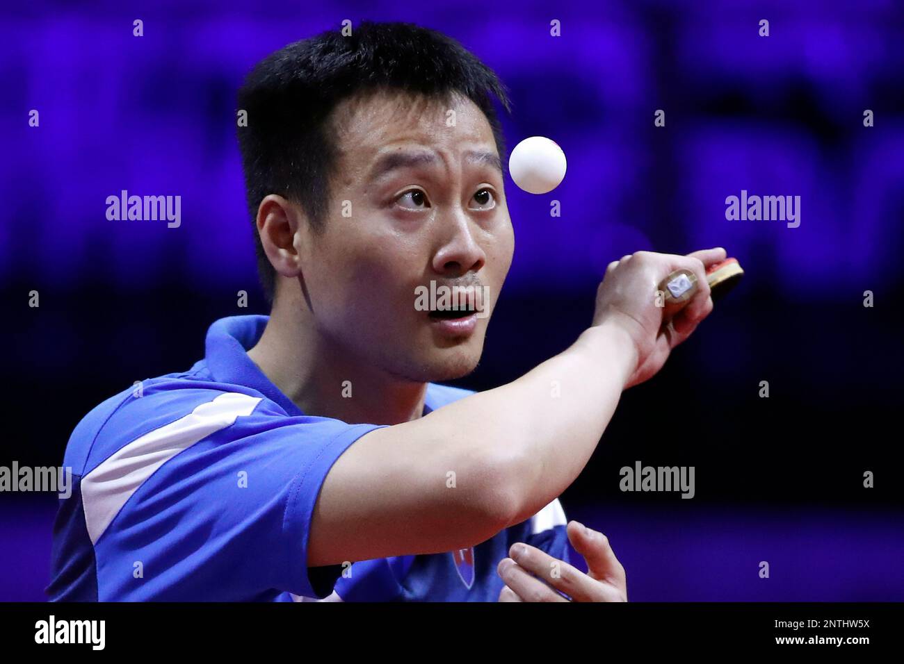 Yang Wang of Slovakia plays against An Ji Song of North Korea during their mens single round of 32 match of the World Table Tennis Championships in Budapest, Hungary, Wednesday, April 24,