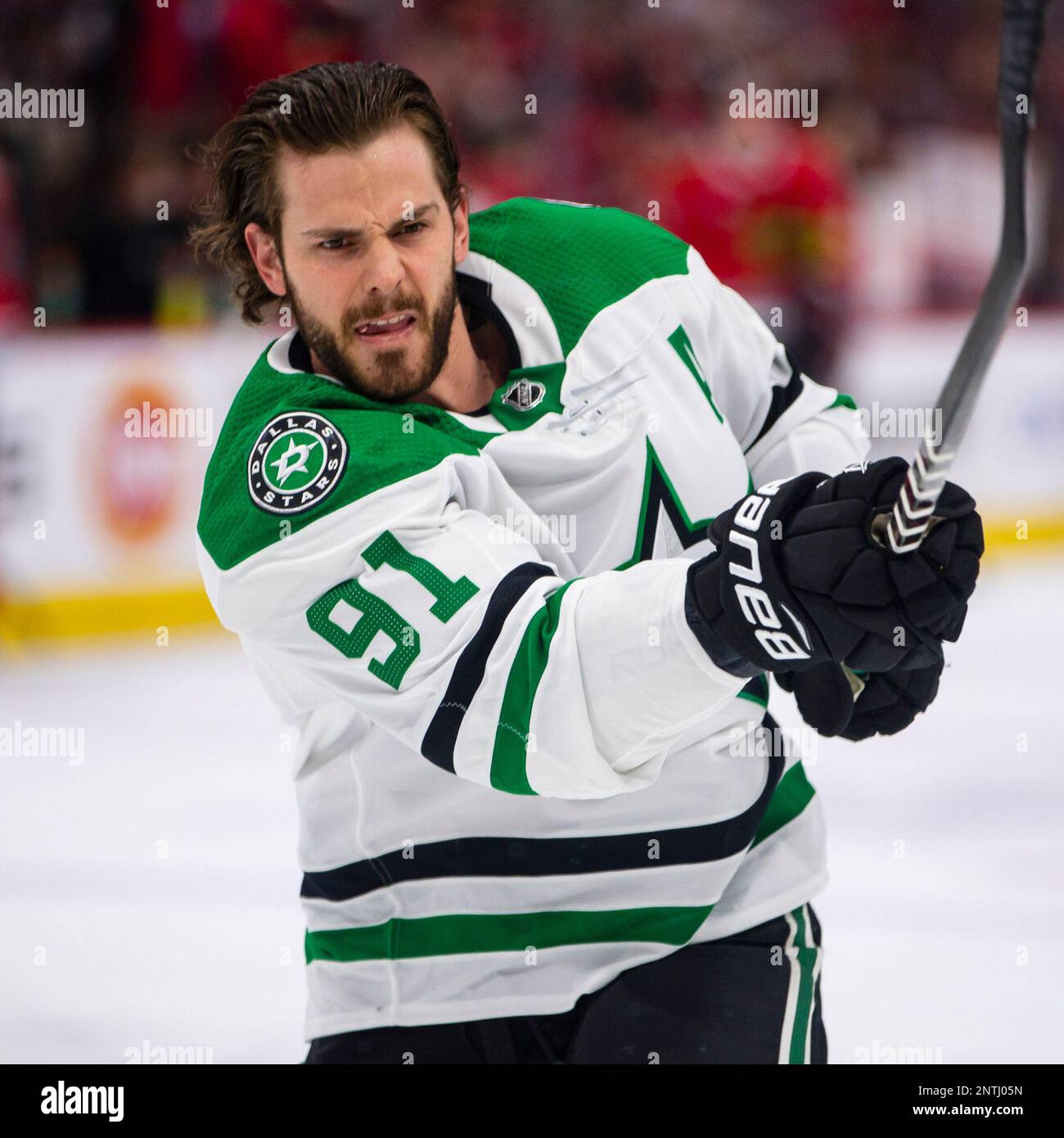 April 05, 2019: Stars #91 Tyler Seguin in action before the National Hockey  League game between the Chicago Blackhawks and the Dallas Stars at the  United Center in Chicago, IL. Mike Wulf/CSM(Credit, image size:1300x1390