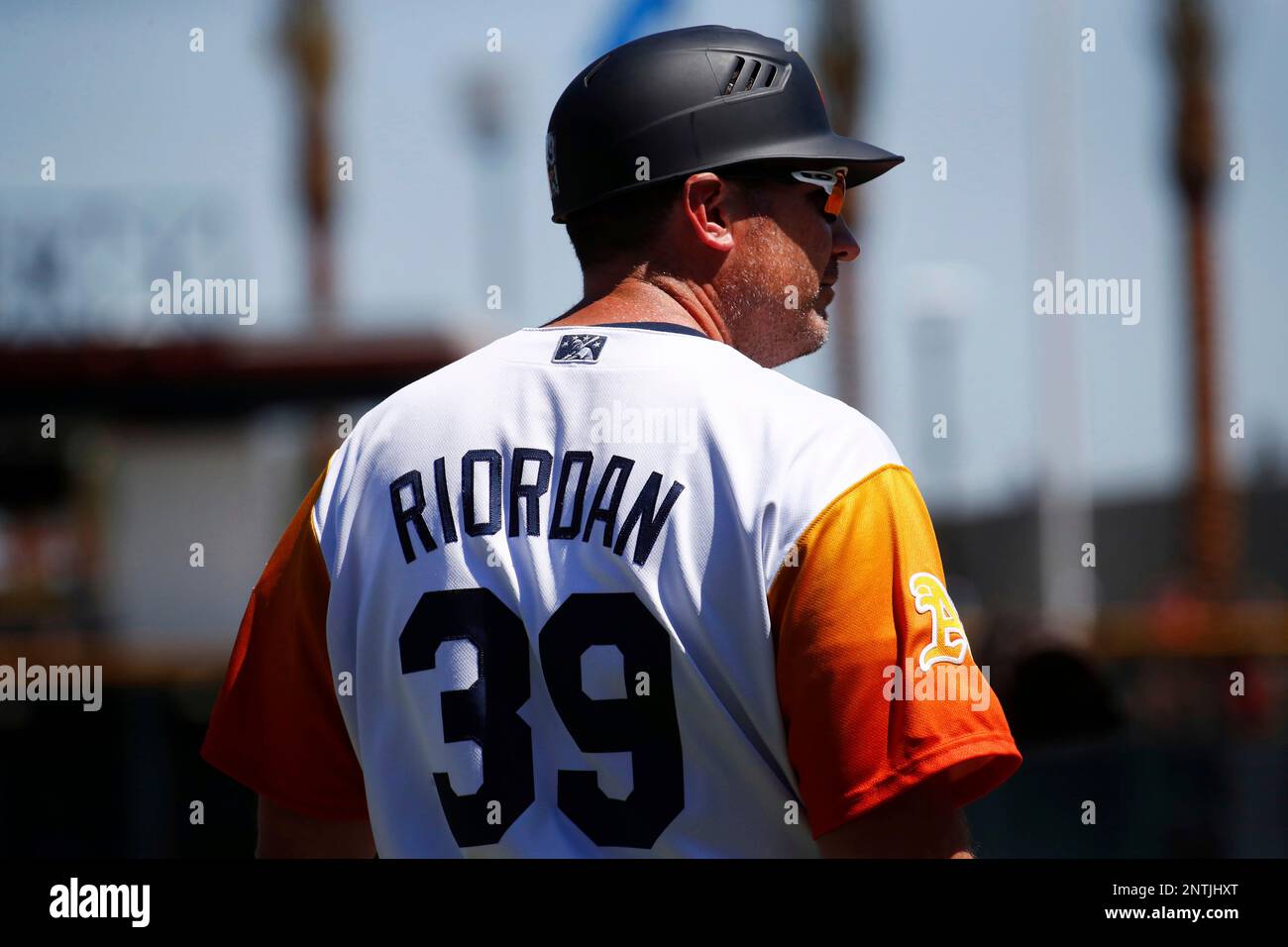 Manager Fran Riordan (39) of the Las Vegas Aviators looks back to the field  as he walks to the dugout after making a pitching change in the game  against the Oklahoma City