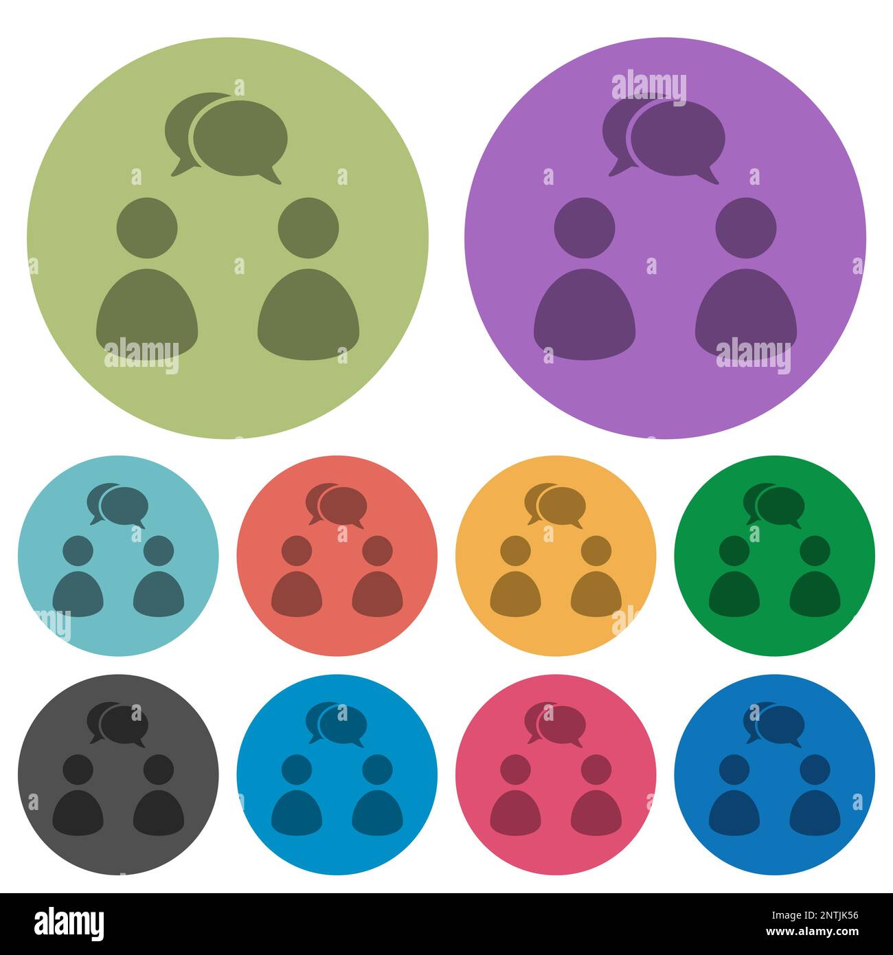 Two talking persons with oval bubbles solid darker flat icons on color round background Stock Vector