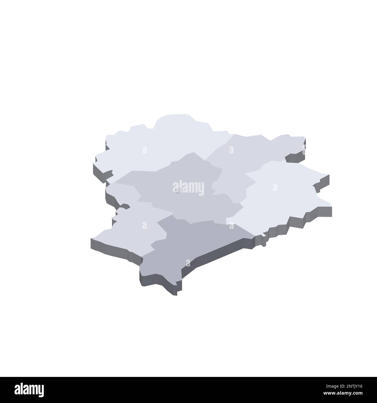 Belarus political map of administrative divisions - regions and one autonomous city. 3D isometric blank vector map in shades of grey. Stock Vector