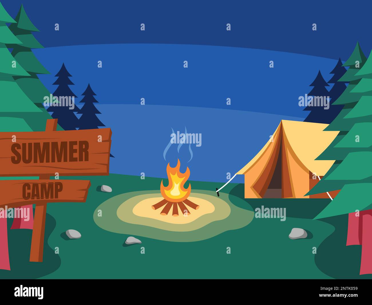 Illustration of camping and tent with campfire at night in forest ...