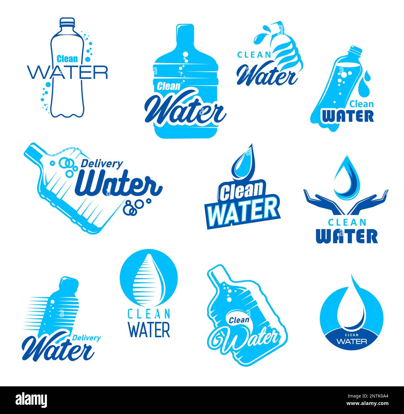 Clean water delivery icons. Bottled drinking water production and