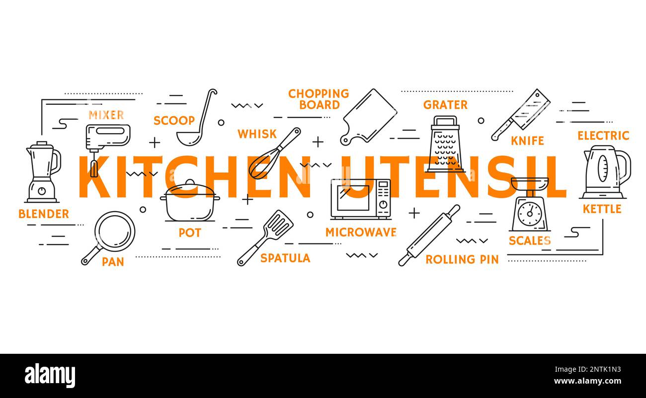 Cook utensil icons and infographics. Cooking accessory and equipment