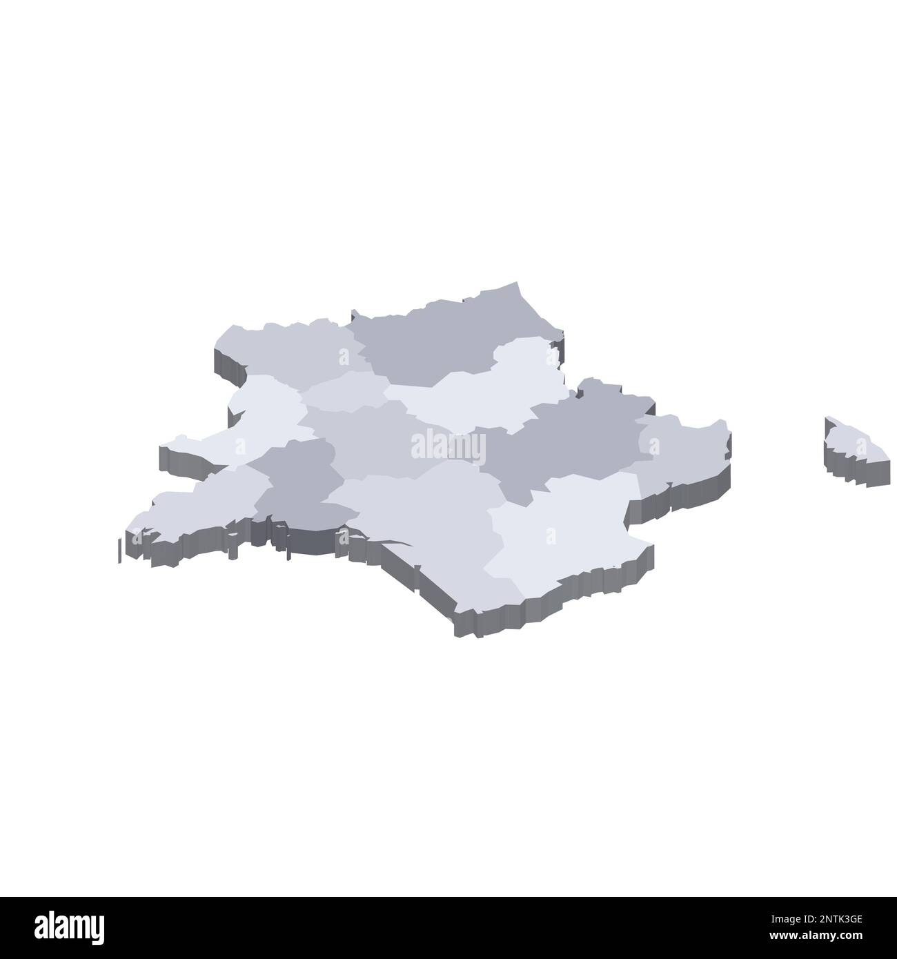 France political map of administrative divisions - regions. 3D isometric blank vector map in shades of grey. Stock Vector