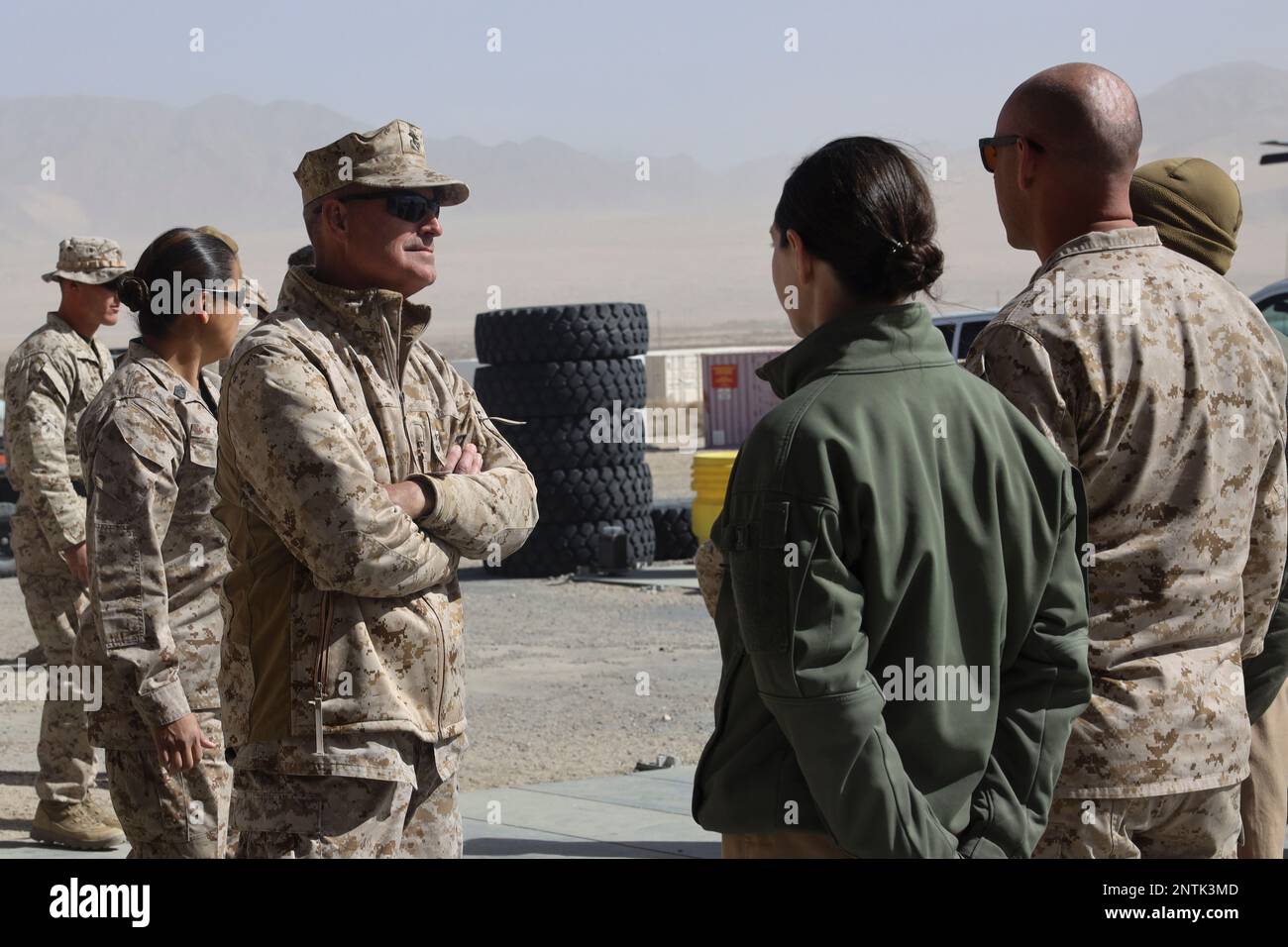 Twentynine Palms, California, USA. 24th Feb, 2023. U.S. Marine Corps Maj. Gen. Bradford J. Gering, commanding general, 3rd Marine Aircraft Wing, speaks with Marines assigned to Heavy Marine Helicopter Squadron 466 (HMH-466), Marine Aircraft Group 16, 3rd Marine Aircraft Wing, during Marine Air Ground Task Force (MAGTF) Warfighting Exercise (MWX) 2-23 at Camp Wilson on Marine Corps Air Ground Combat Center, Twentynine Palms, California, Feb. 24, 2023. MWX is the culminating event of Service Level Training Exercise 2-23, that improves U.S. and allied service members operational ca Stock Photo