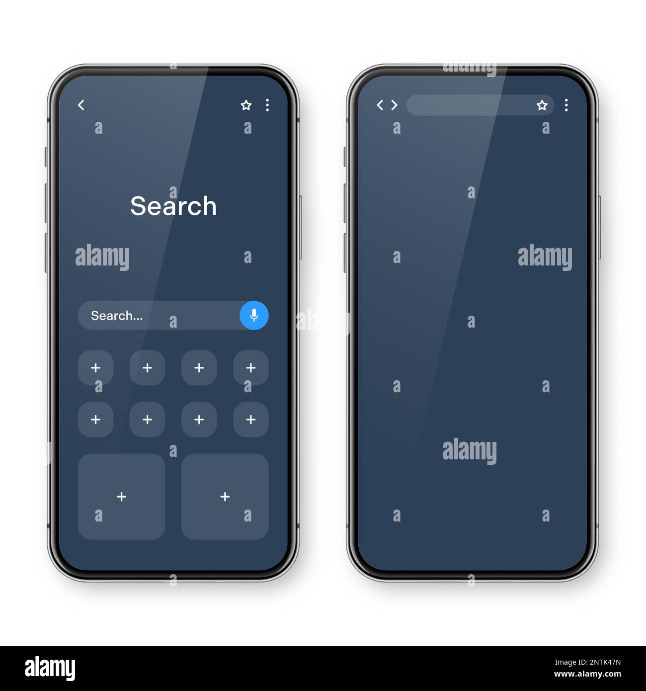 Smartphone with blank browser window and search bar, dark mode
