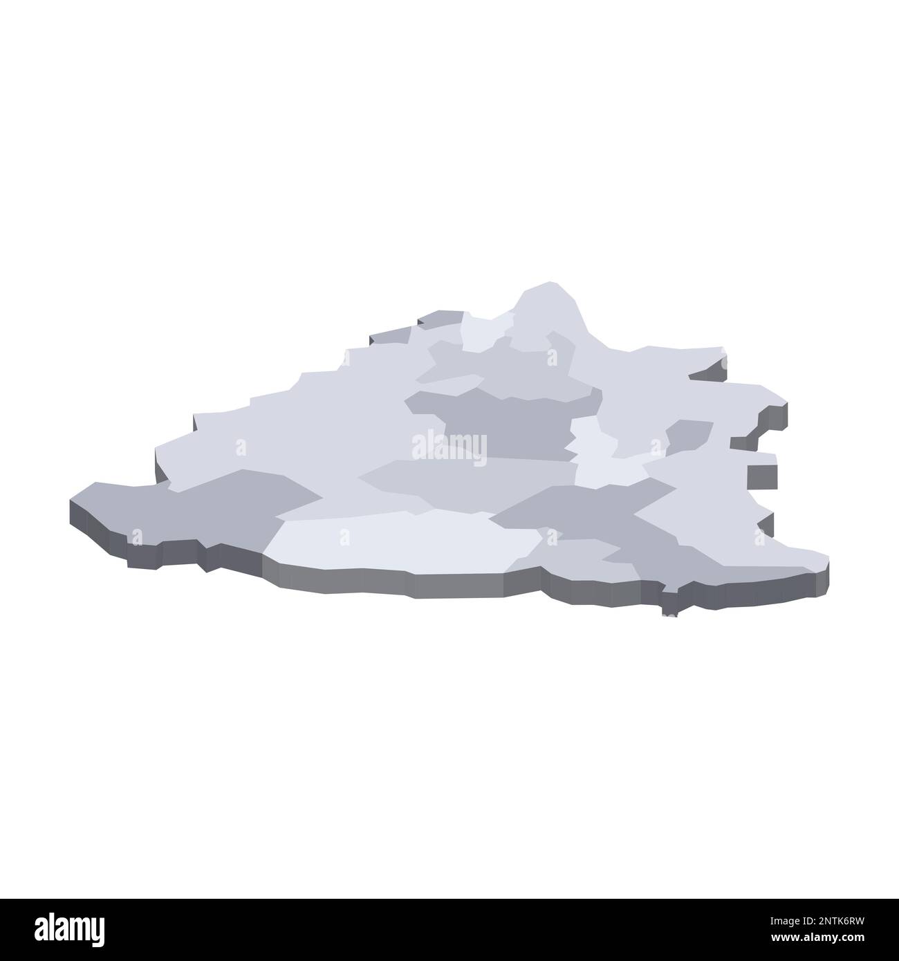 Bosnia and Herzegovina political map of administrative divisions - cantons of Federation of Bosnia and Herzegovina and Republika Srpska. 3D isometric blank vector map in shades of grey. Stock Vector