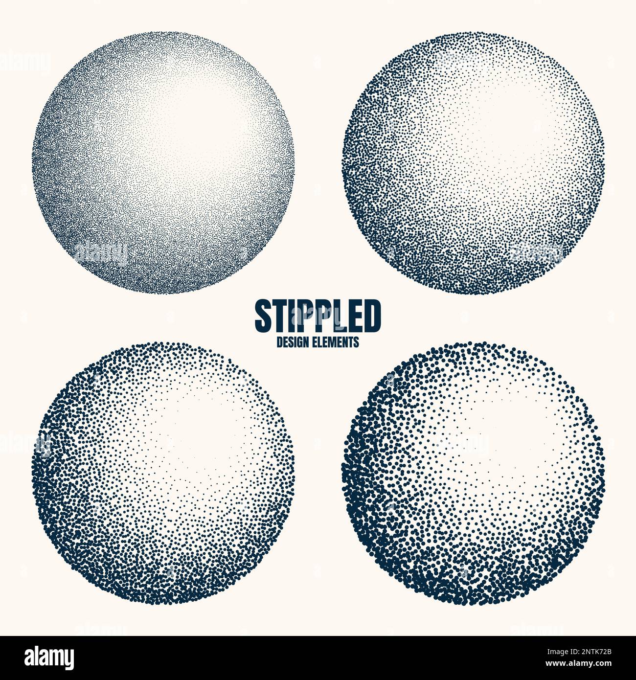 Round shaped dotted objects, vintage stipple elements. Fading