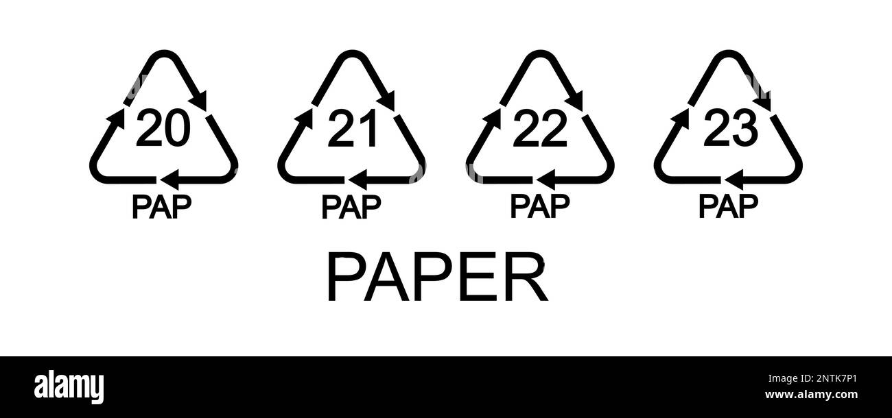 Paper or cardboard recycling signs. 20, 21, 22, 23 PAP in triangular shapes with arrows. Reusable icons isolated on white background. Environmental Stock Vector