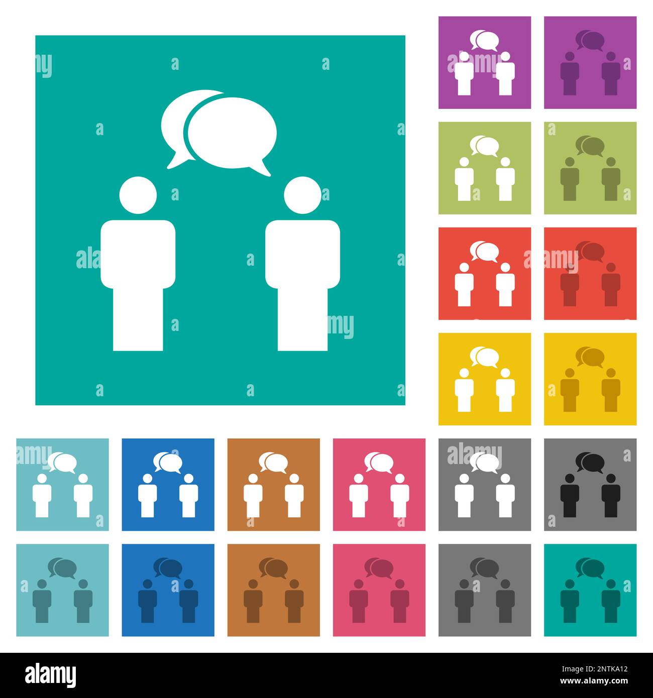 Two talking persons with oval bubbles solid multi colored flat icons on plain square backgrounds. Included white and darker icon variations for hover Stock Vector