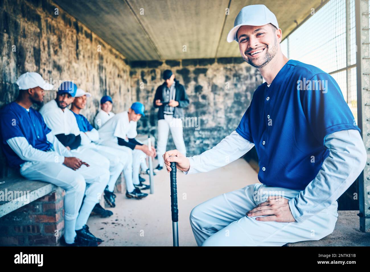 Dugout Raining Baseball player, portrait and sports stadium dugout with softball team ...