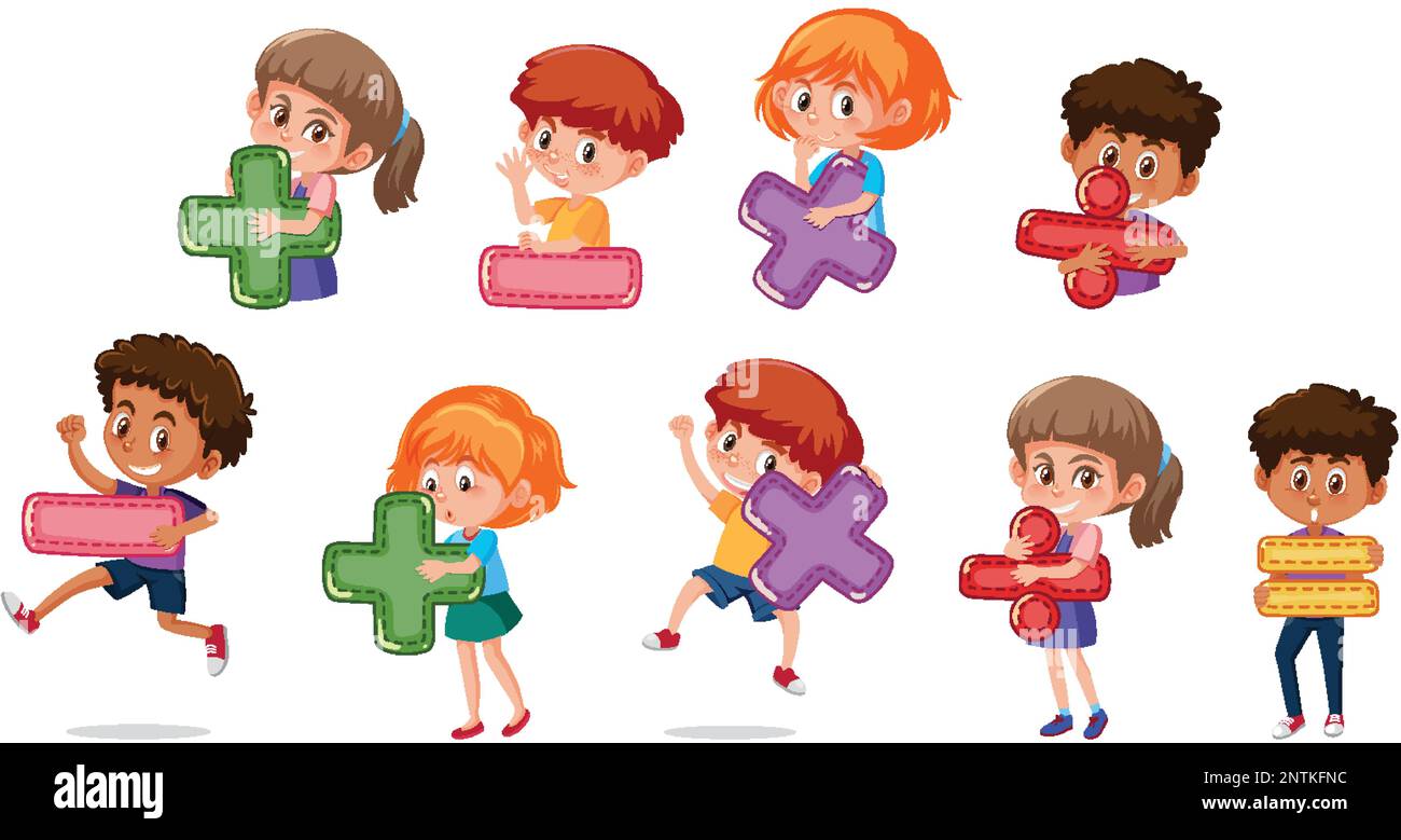 Set of children cartoon character woth math symbol illustration Stock ...