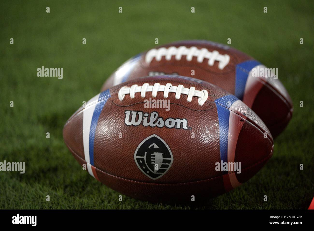 Footballs with the AAF logo lie on the field before an AAF football