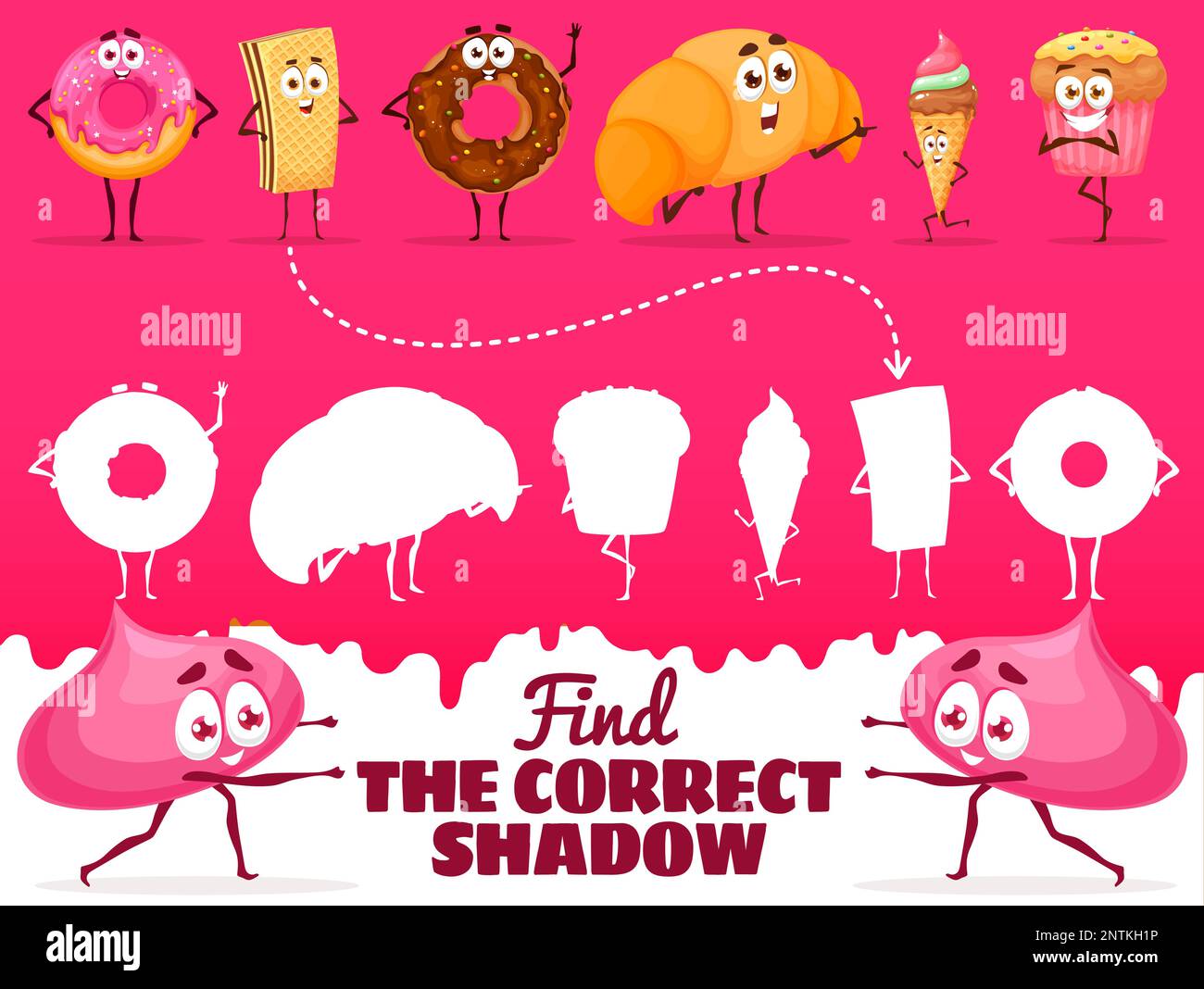 Find the correct shadow of cartoon bakery, sweets and dessert