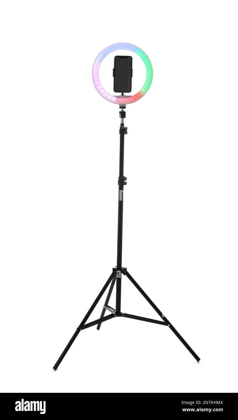 Tripod with ring light and smartphone isolated on white Stock Photo - Alamy