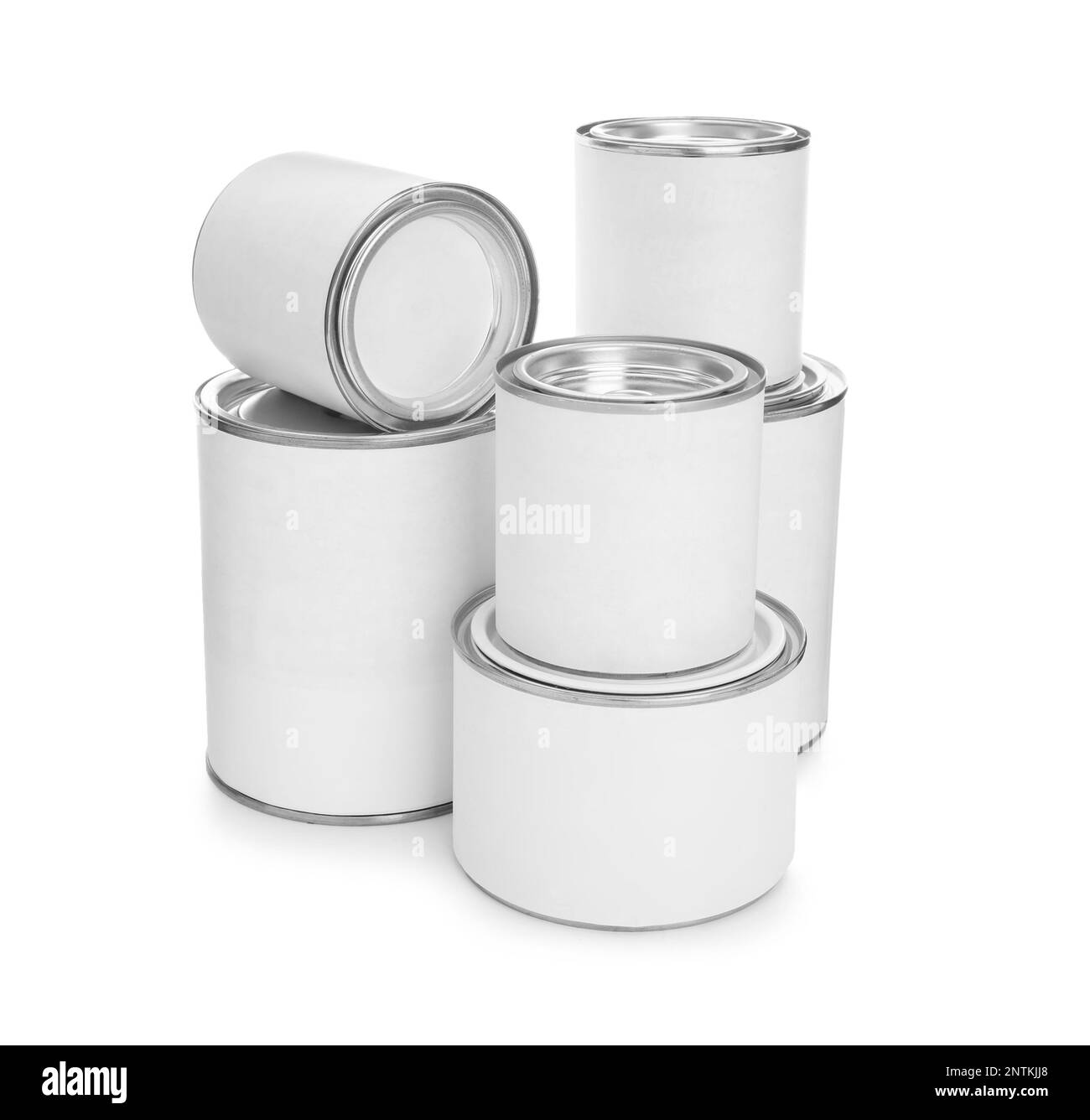 Closed blank cans of paint on white background Stock Photo