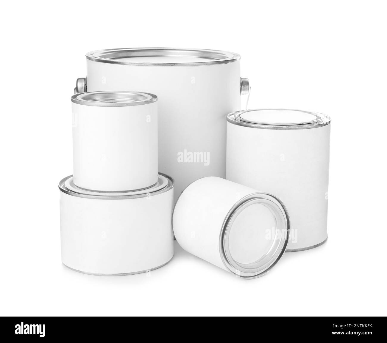 Set of different paint cans on white background. Mockup for design