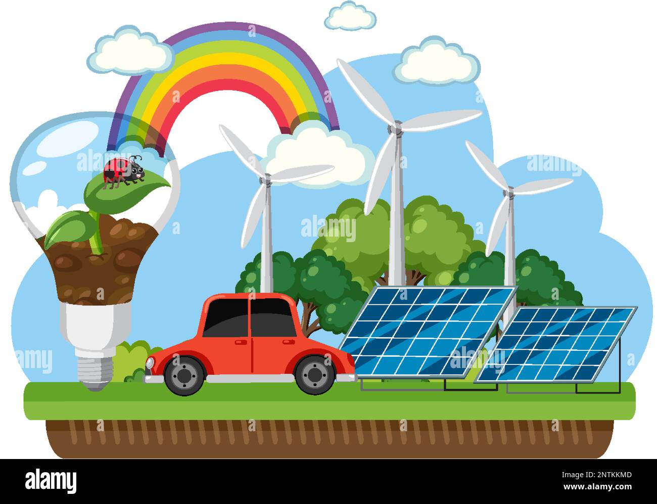 Green energy concept with solar panels and wind turbines illustration ...