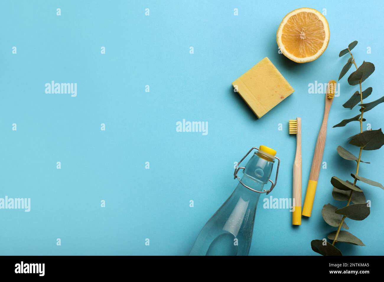 Flat lay composition with eco friendly products on turquoise background ...