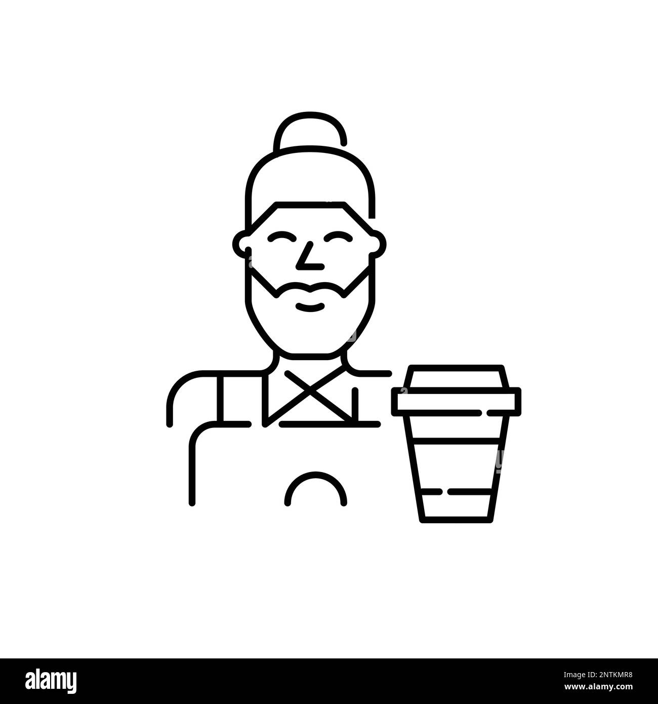 Hipster guy working at his laptop with coffee cup. Remote freelance work. Pixel perfect, editable stroke icon Stock Vector