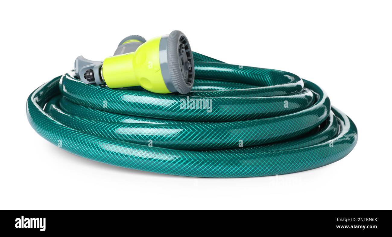 Green rubber watering hose with nozzle isolated on white Stock Photo